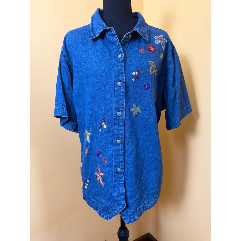 Vtg 90s Cabin Creek Denim Shirt Short Sleeve Embroidered Fall Autumn Leaves XXL